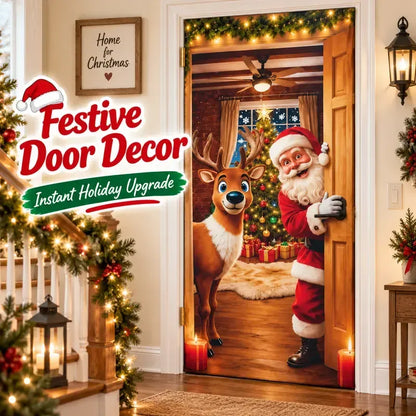 🔥 Santa Christmas Door Cover with Elastic Edges | Reusable Holiday Decor