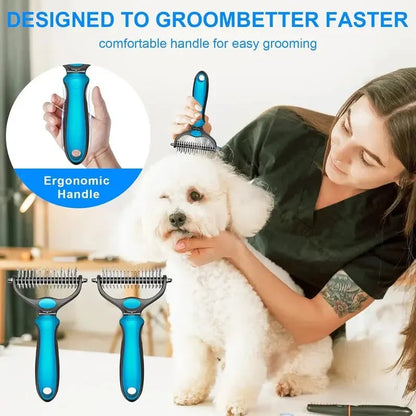 🐾Double-Sided Pet Grooming Brush – Hurtless Shedding & Dematting Undercoat Rake for Dogs and Cats