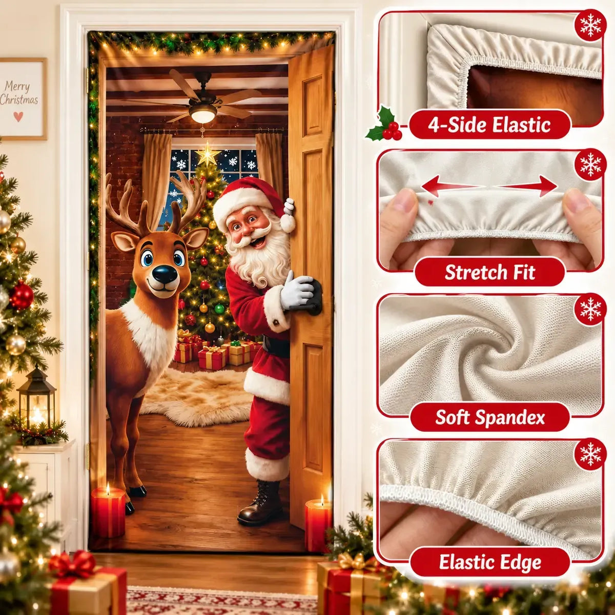 🔥 Santa Christmas Door Cover with Elastic Edges | Reusable Holiday Decor