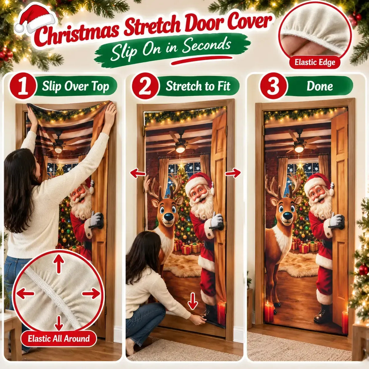 🔥 Santa Christmas Door Cover with Elastic Edges | Reusable Holiday Decor