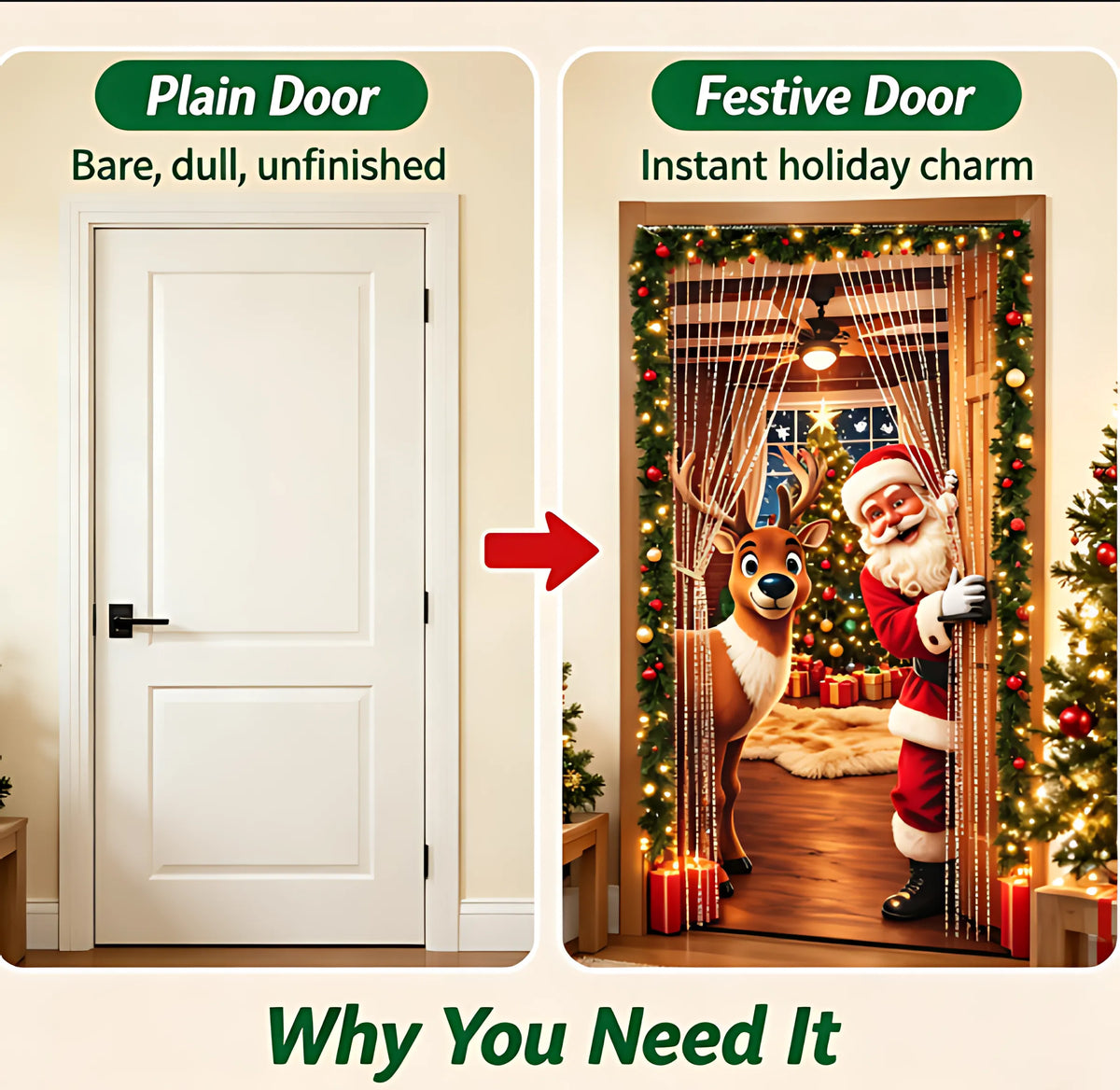 🔥 Santa Christmas Door Cover with Elastic Edges | Reusable Holiday Decor